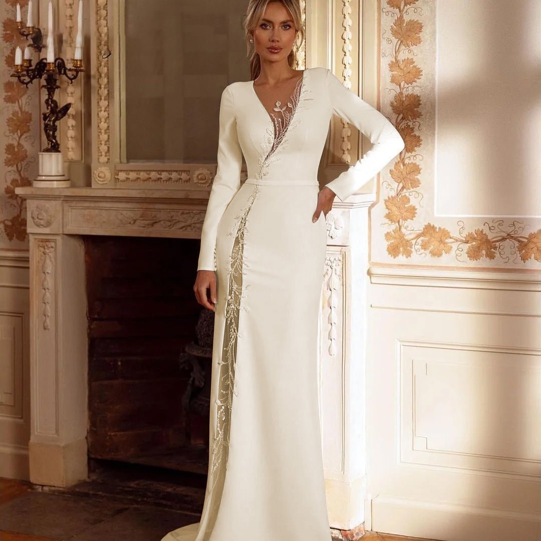 full front view of bride wearing an Ivory Modern Long Sleeve Side-Slit Satin Wedding Dress