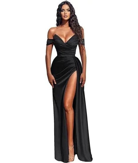 girl wearing a black off the shoulder beaded satin slit prom dress