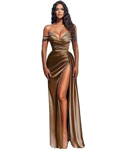 girl wearing a brown off the shoulder beaded satin slit prom dress