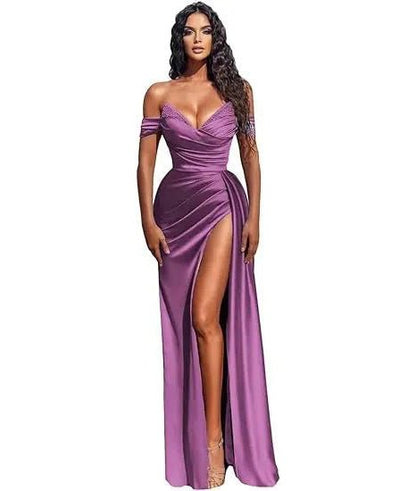 girl wearing a dusty purple off the shoulder beaded satin slit prom dress