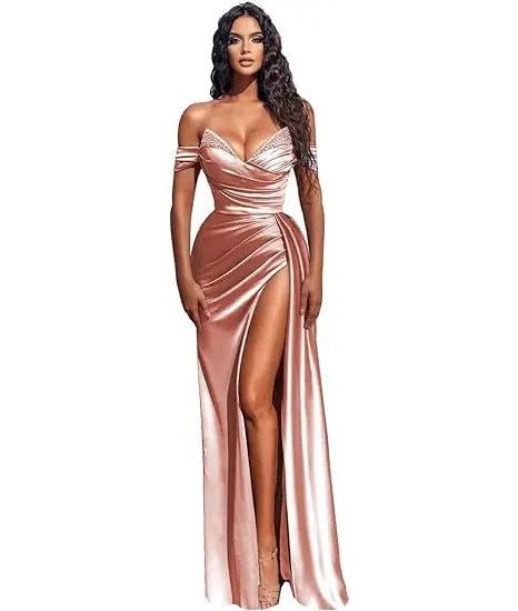 girl wearing a dusty rose off the shoulder beaded satin slit prom dress