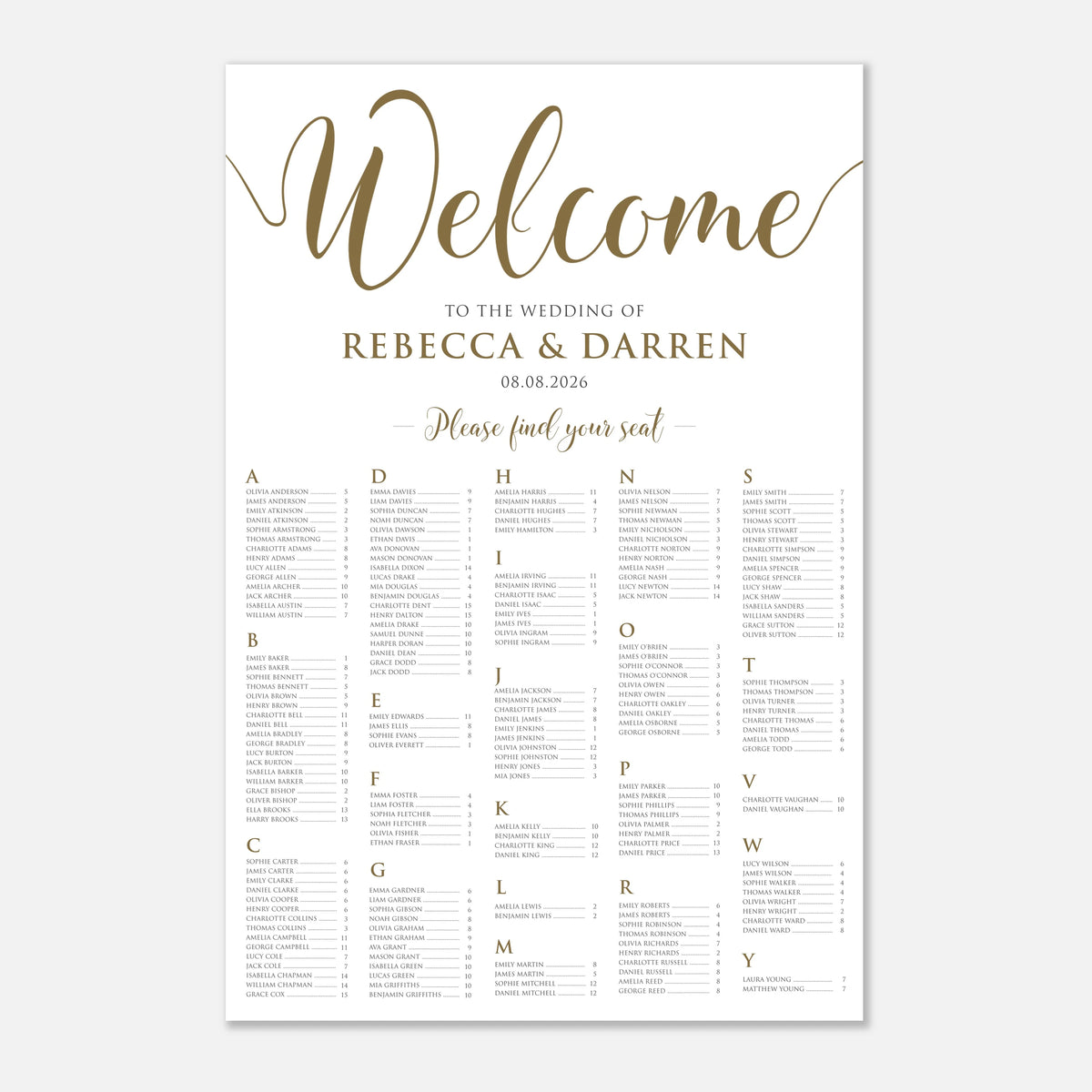 Gold Script Alphabetical Wedding Seating Chart – Personalised 24 × 36″