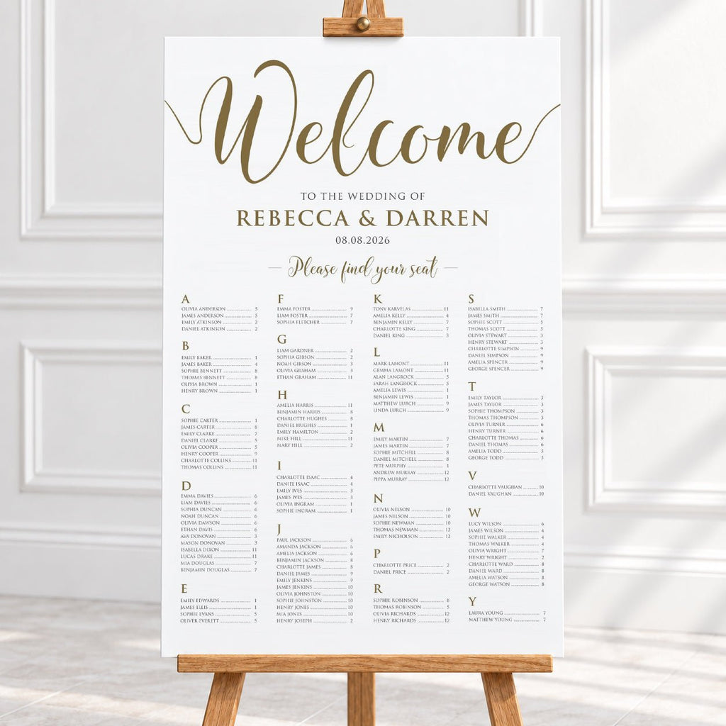 A wedding welcome seating chart printed on a white board with elegant gold script and table seating details, displayed on a wooden easel in a bright, white paneled room.