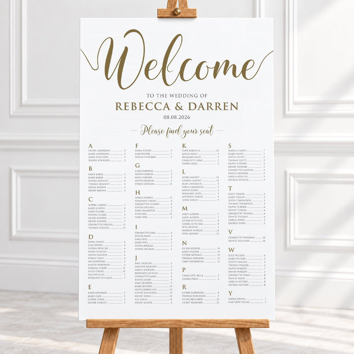 Gold Script Alphabetical Wedding Seating Chart – Personalised 24 × 36″