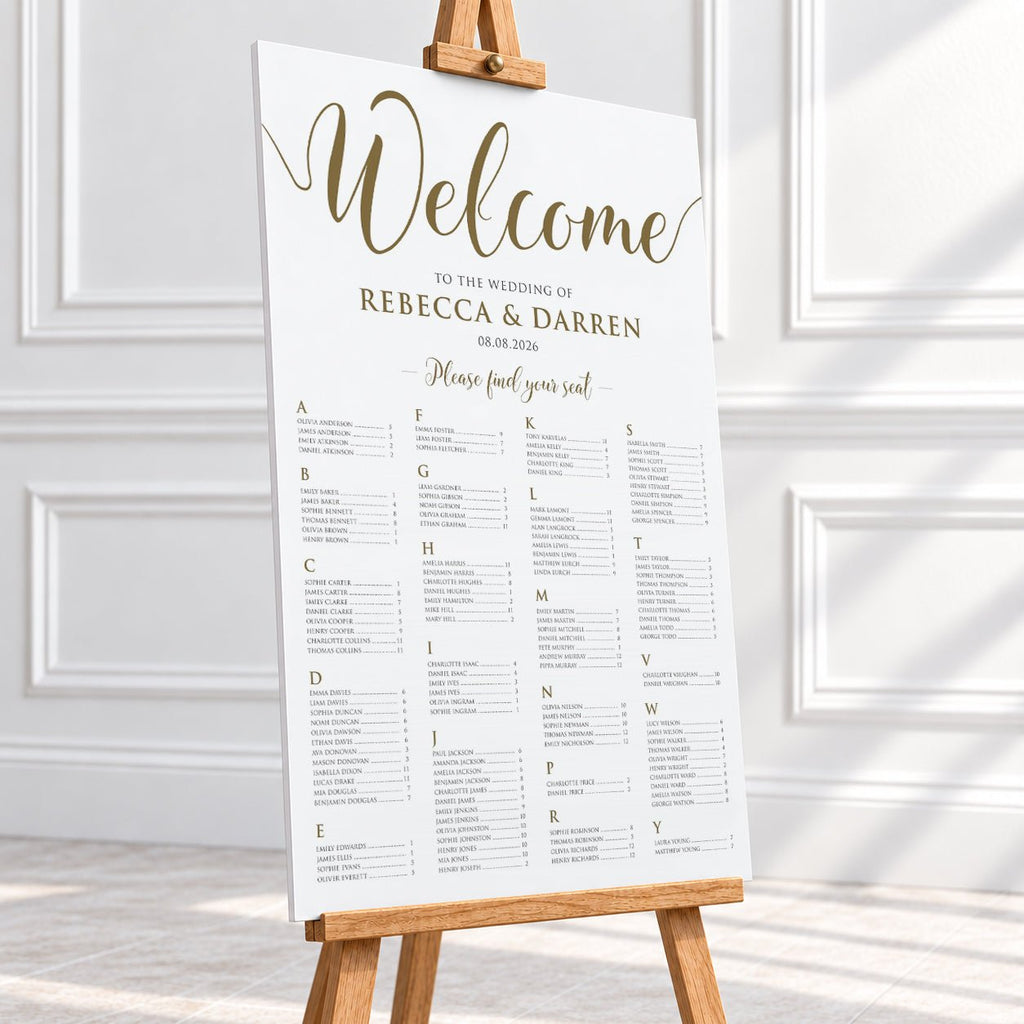Gold Script Alphabetical Wedding Seating Chart – Personalised 24 × 36″