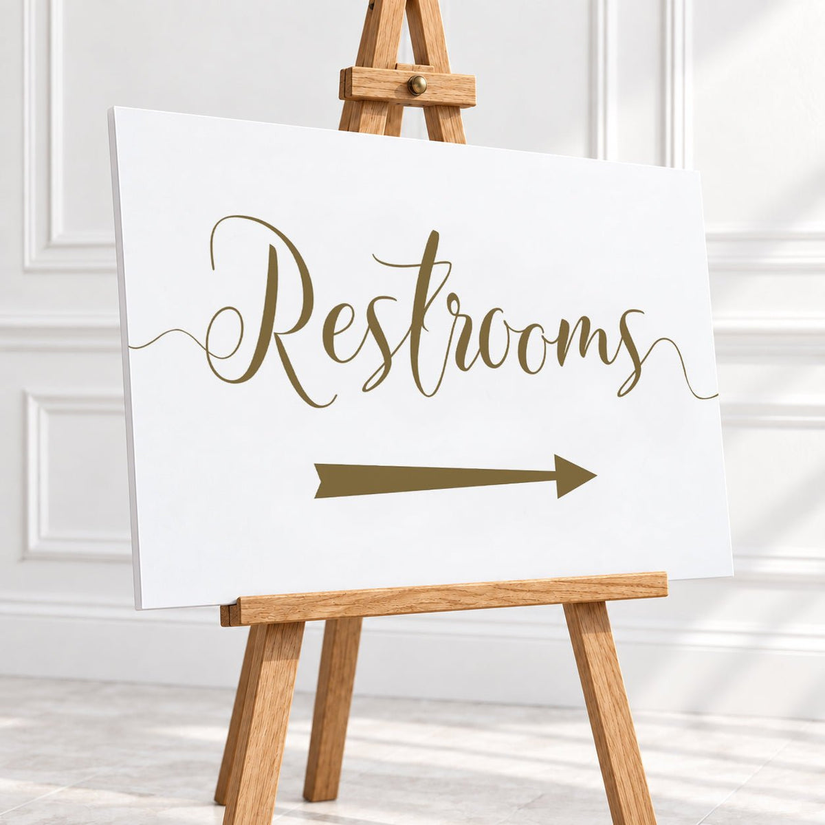 Gold Script Restrooms Arrow Sign – 12 × 16″ or 16 × 24″