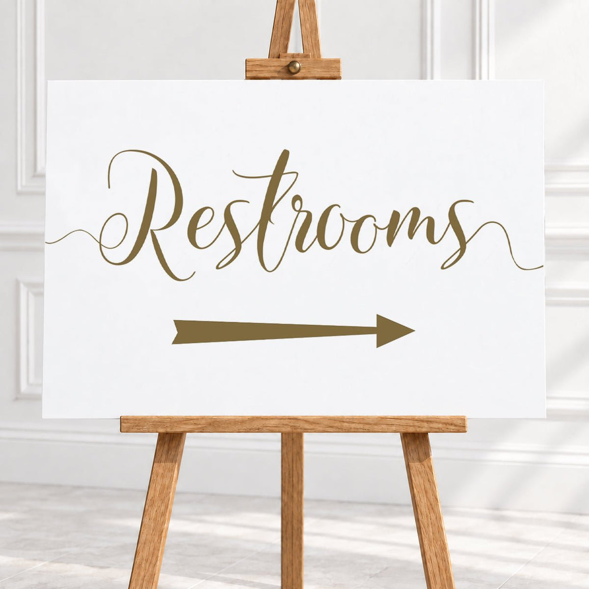 Gold Script Restrooms Arrow Sign – 12 × 16″ or 16 × 24″