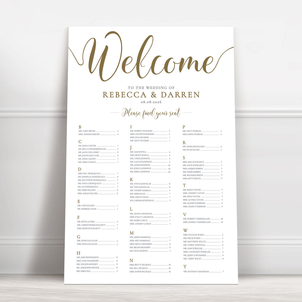 Gold Script Alphabetical Wedding Seating Chart – Personalised 24 × 36″ Foamboard - We Do Bou