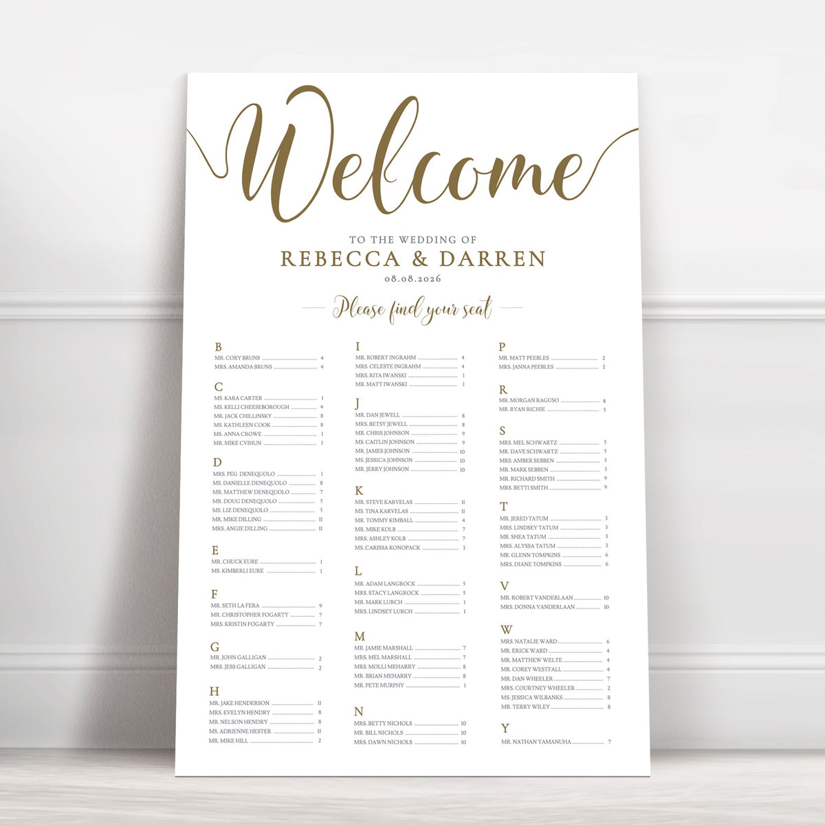 Gold Script Alphabetical Wedding Seating Chart – Personalised 24 × 36″ Foamboard - We Do Bou