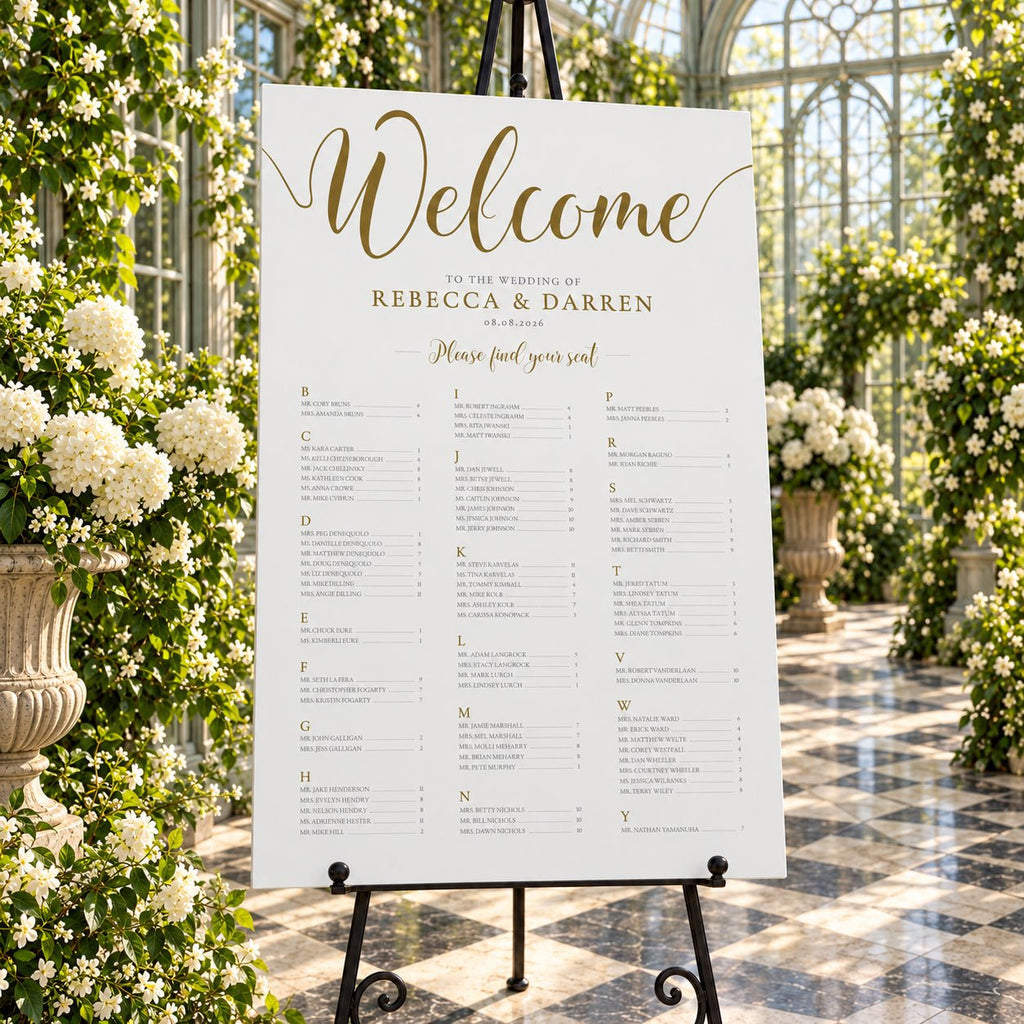 Gold Script Alphabetical Wedding Seating Chart – Personalised 24 × 36″ Foamboard - We Do Bou