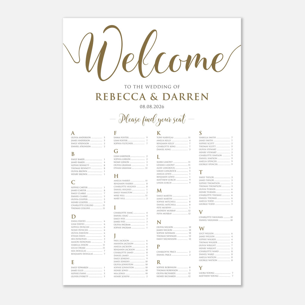 A wedding reception seating chart print with a white background, featuring elegant gold script and serif text. The top reads 'Welcome to the wedding of Rebecca & Darren 08.