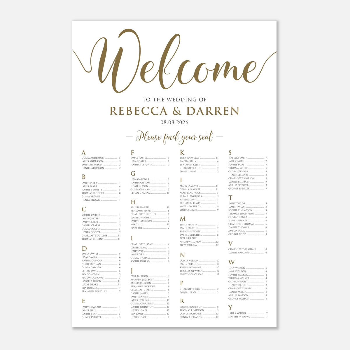 A wedding reception seating chart print with a white background, featuring elegant gold script and serif text. The top reads 'Welcome to the wedding of Rebecca & Darren 08.