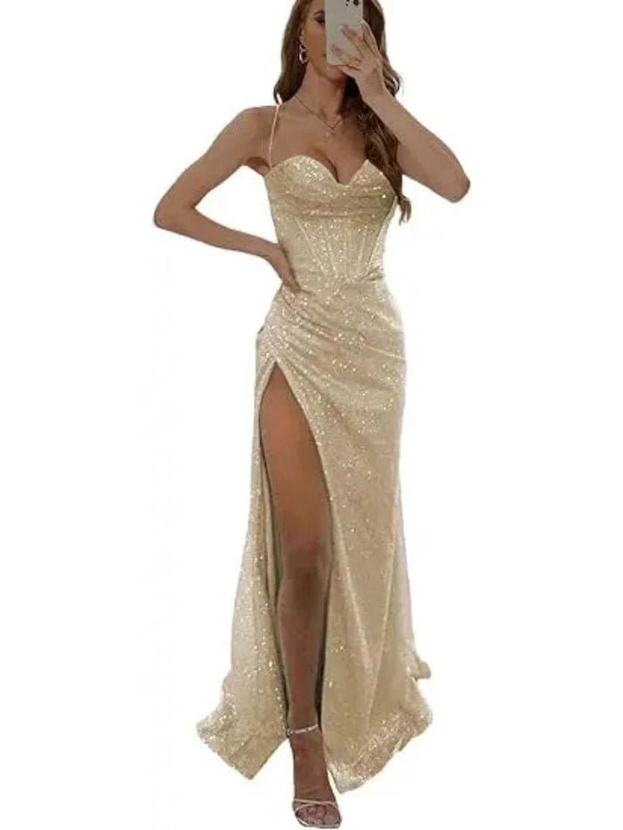 champagne sequined thigh slit prom dress with spaghetti straps