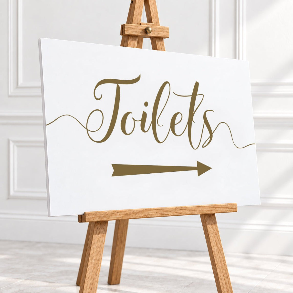 Gold Script Toilets Arrow Sign – 12 × 16″ or 16 × 24″