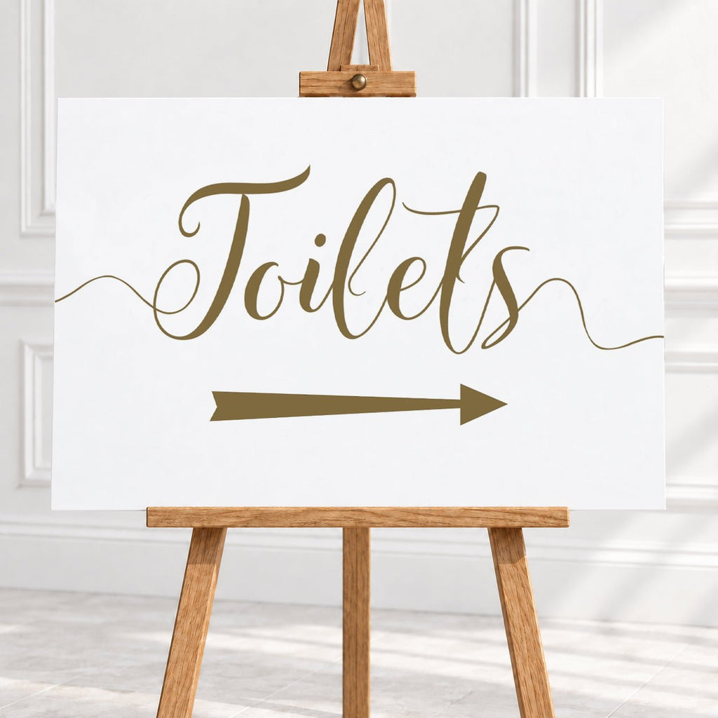 Gold Script Toilets Arrow Sign – 12 × 16″ or 16 × 24″