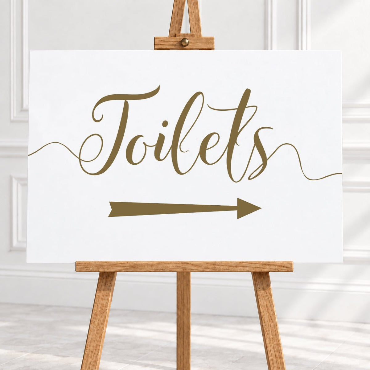 Gold Script Toilets Arrow Sign – 12 × 16″ or 16 × 24″