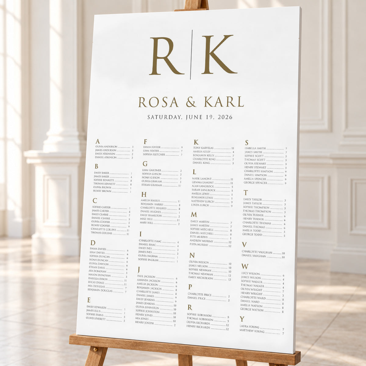 Personalised Gold Monogram Wedding Seating Chart – 24 × 36″ Foamboard