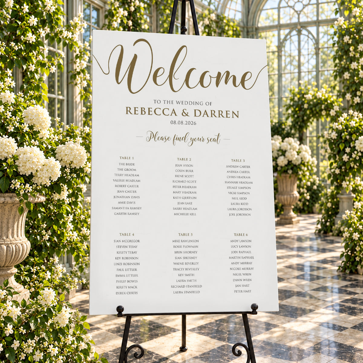 Elegant Gold Script Wedding Seating Chart – Personalised 24 × 36″ Foamboard