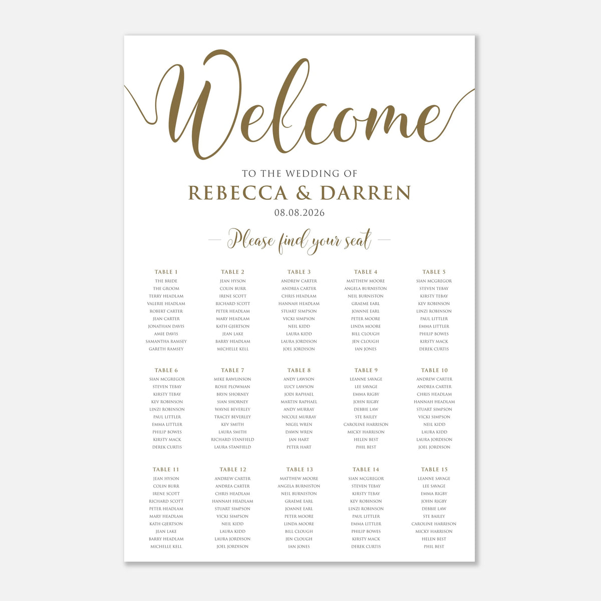 A wedding welcome seating chart print with elegant gold script and serif text on a white background, displayed against a light gray backdrop with 15 tables.
