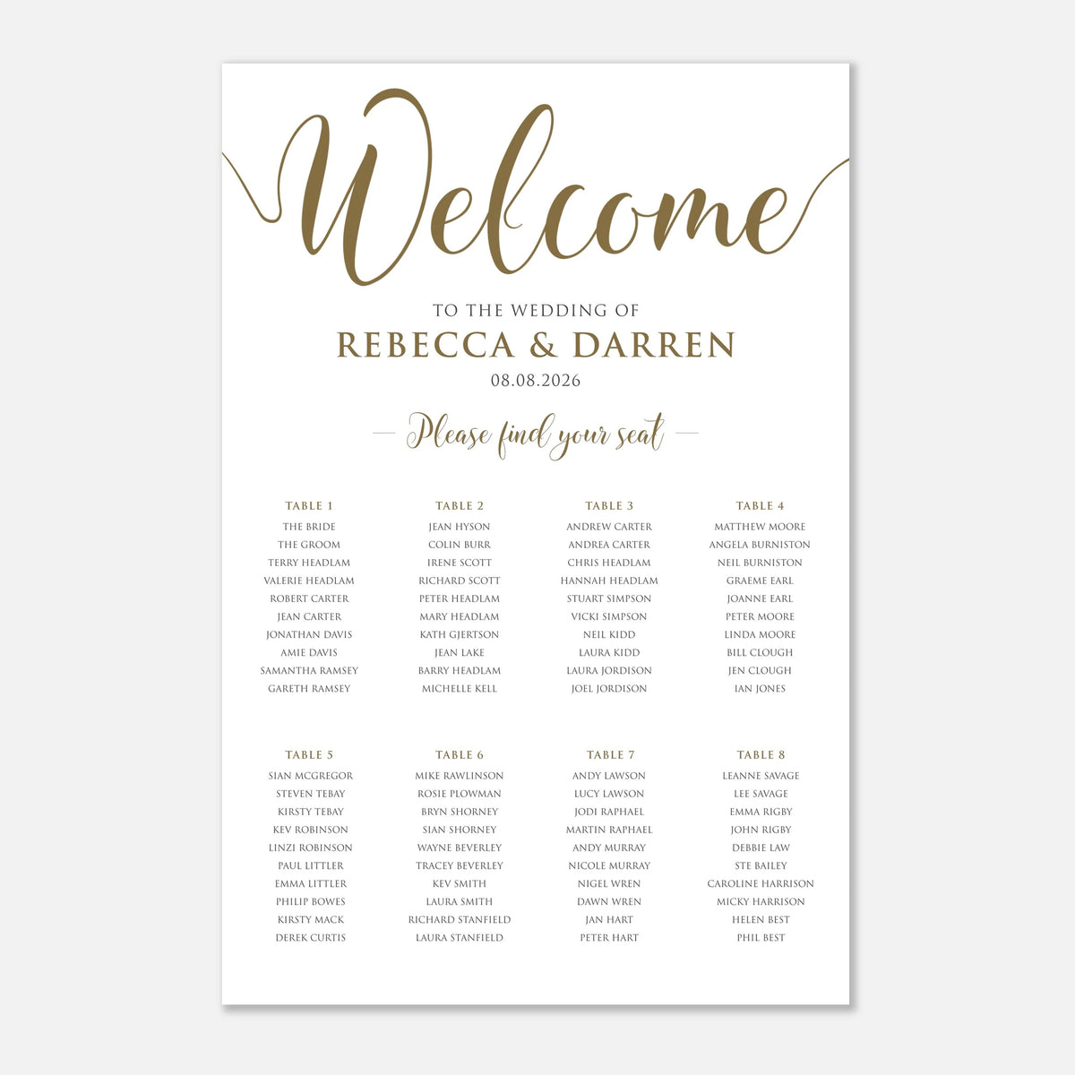 A white wedding welcome card with elegant gold script reading 'Welcome' and black text listing the wedding names, date, and 8 table seating arrangements, shown on a light gray background.