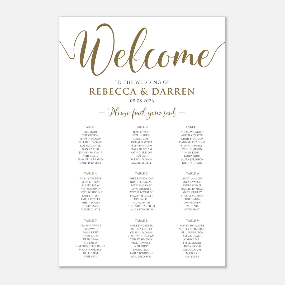 A wedding reception seating chart print with a white background, featuring elegant gold script and serif typography that reads 'Welcome to the wedding of Rebecca & Darren 08.08. with 9 tables.
