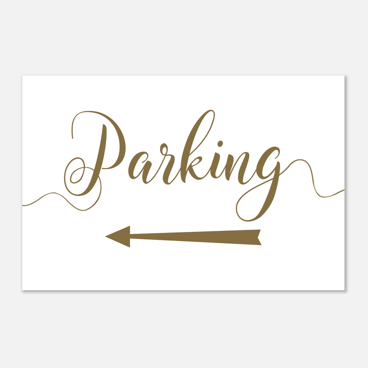 A white rectangular sign with the word 'Parking' in brown cursive script and a brown left-pointing arrow below, shown on a light gray background.