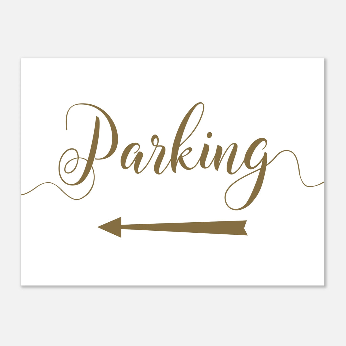 A rectangular white sign with the word 'Parking' in elegant brown script and a matching brown arrow pointing left, shown against a light gray background.