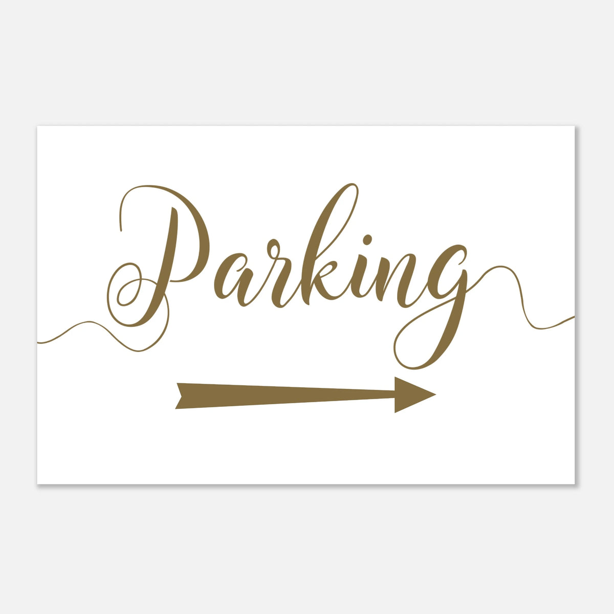 A rectangular white parking sign with the word 'Parking' in brown cursive script and a brown arrow pointing right, shown on a light gray background.