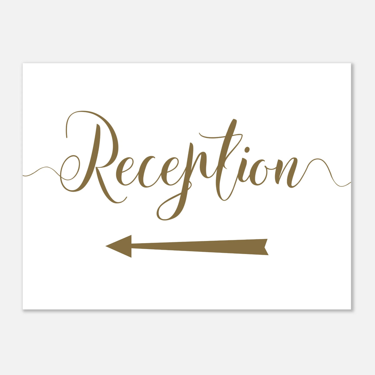 A white reception sign with elegant brown cursive script reading 'Reception' and a matching brown directional arrow pointing left, shown on a light gray background.