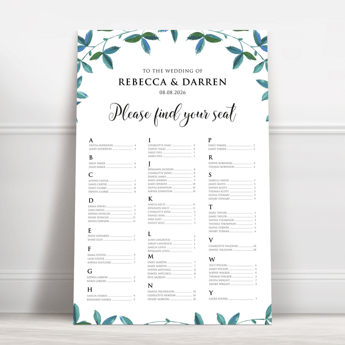 Rich Green Foliage Alphabetical Wedding Seating Chart – Personalised 24 × 36″ Foamboard