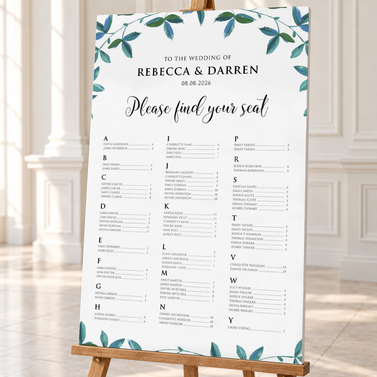 Rich Green Foliage Alphabetical Wedding Seating Chart – Personalised 24 × 36″ Foamboard