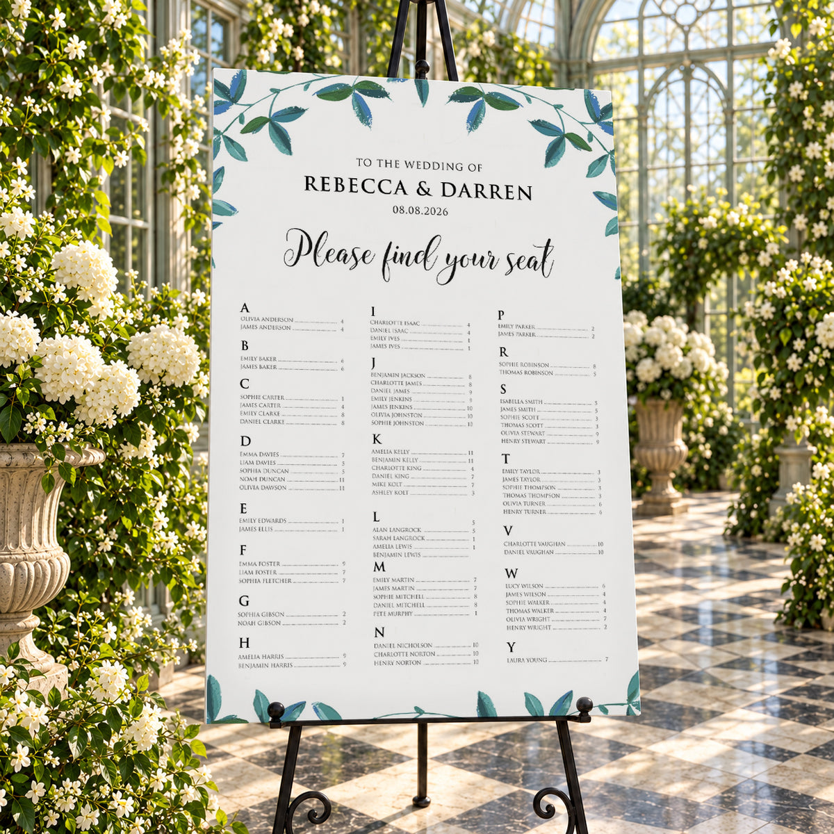 Rich Green Foliage Alphabetical Wedding Seating Chart – Personalised 24 × 36″ Foamboard