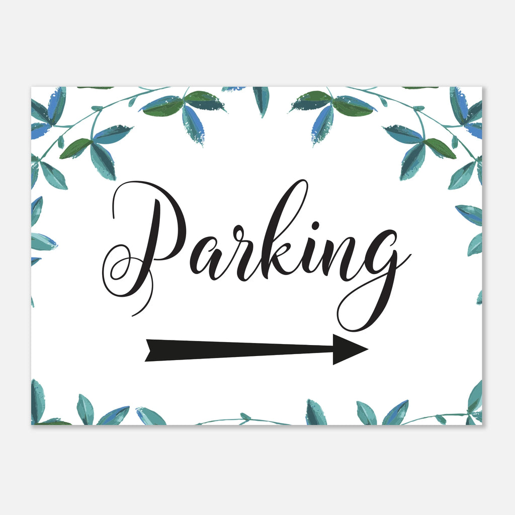 A rectangular white sign with the word 'Parking' in black script and a black arrow pointing right, framed by a watercolor-style border of green and blue leaves.