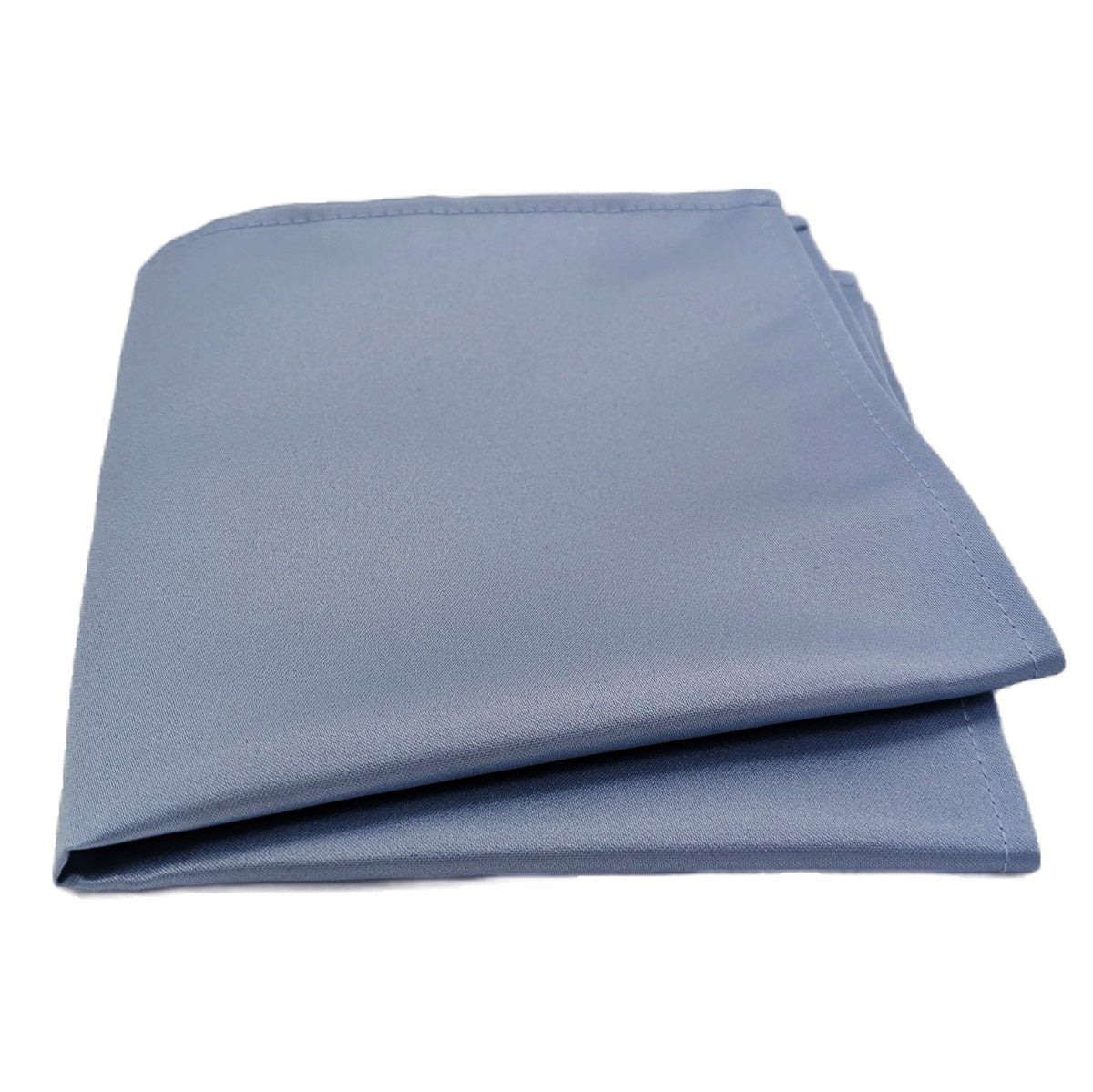 A pale blue pocket square folded flat, ready to be placed in a suit jacket pocket.