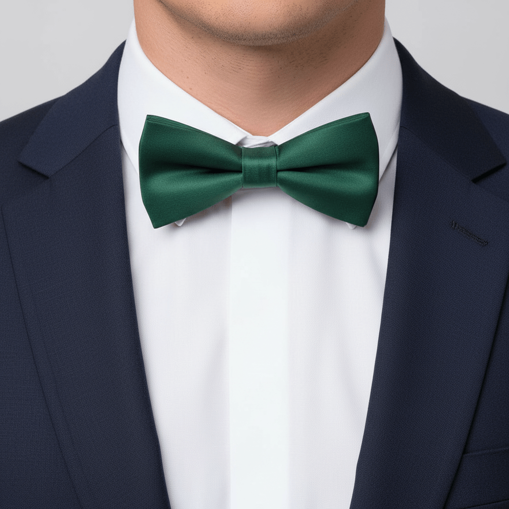 Green bow tie worn with a navy blazer and white shirt on a light gray background