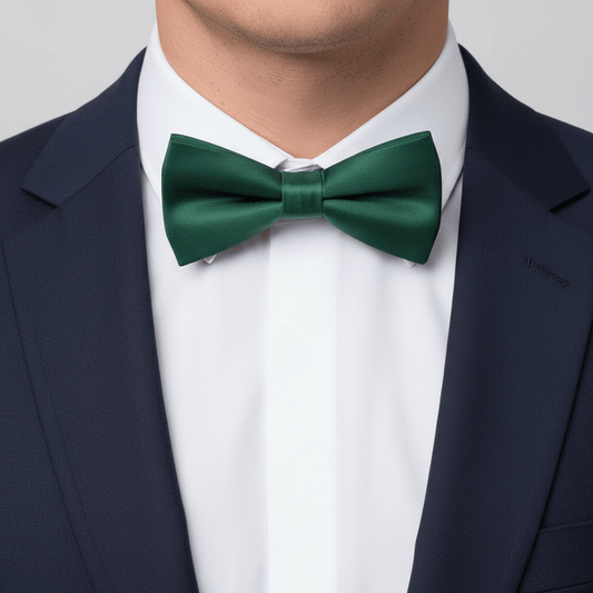 Green bow tie worn with a navy blazer and white shirt on a light gray background