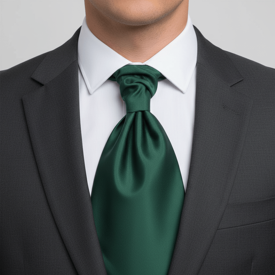 Green tie worn with a black suit and white shirt on a gray background