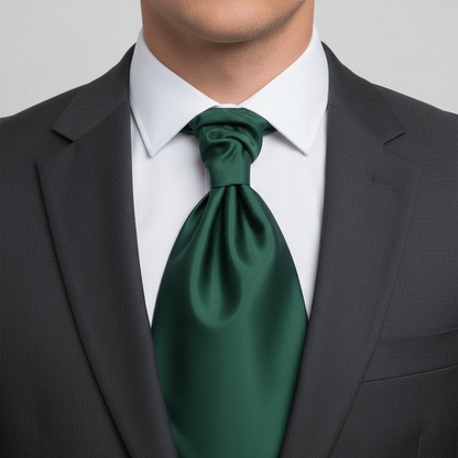 Green tie worn with a black suit and white shirt on a gray background