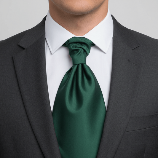 Green tie worn with a black suit and white shirt on a gray background