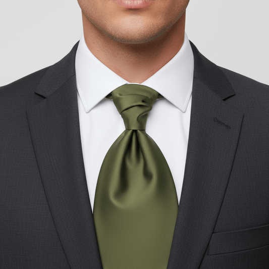 Man wearing a dark suit with a white shirt and green tie against a light gray background