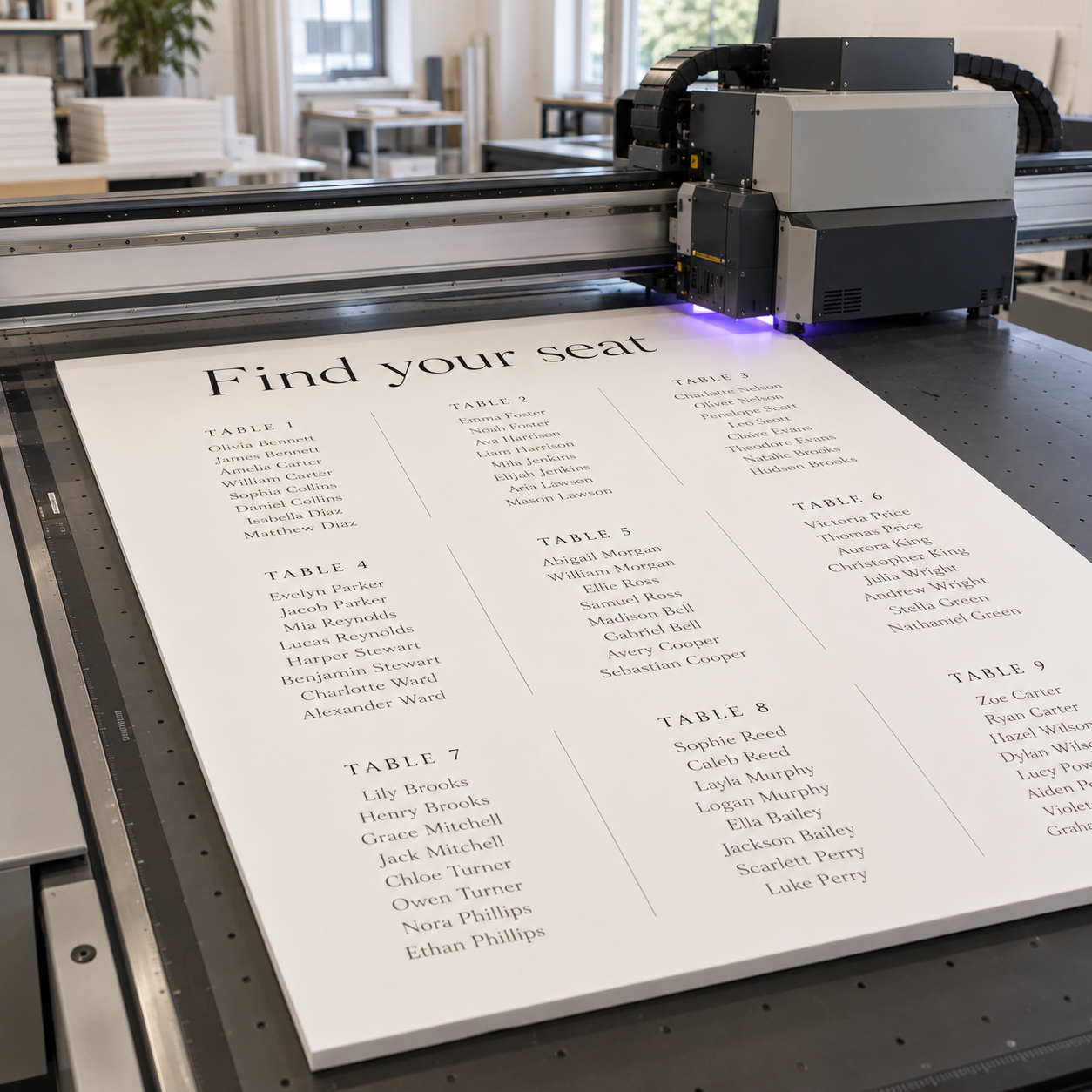 A large white printed seating chart with black text reading 'Find your seat' and multiple table name sections, laid on a black industrial desktop printer. The printer has a gray and black head and visible print-head nozzles, photographed in a real indoor setting with floor, walls, and another machine partially visible in the background.