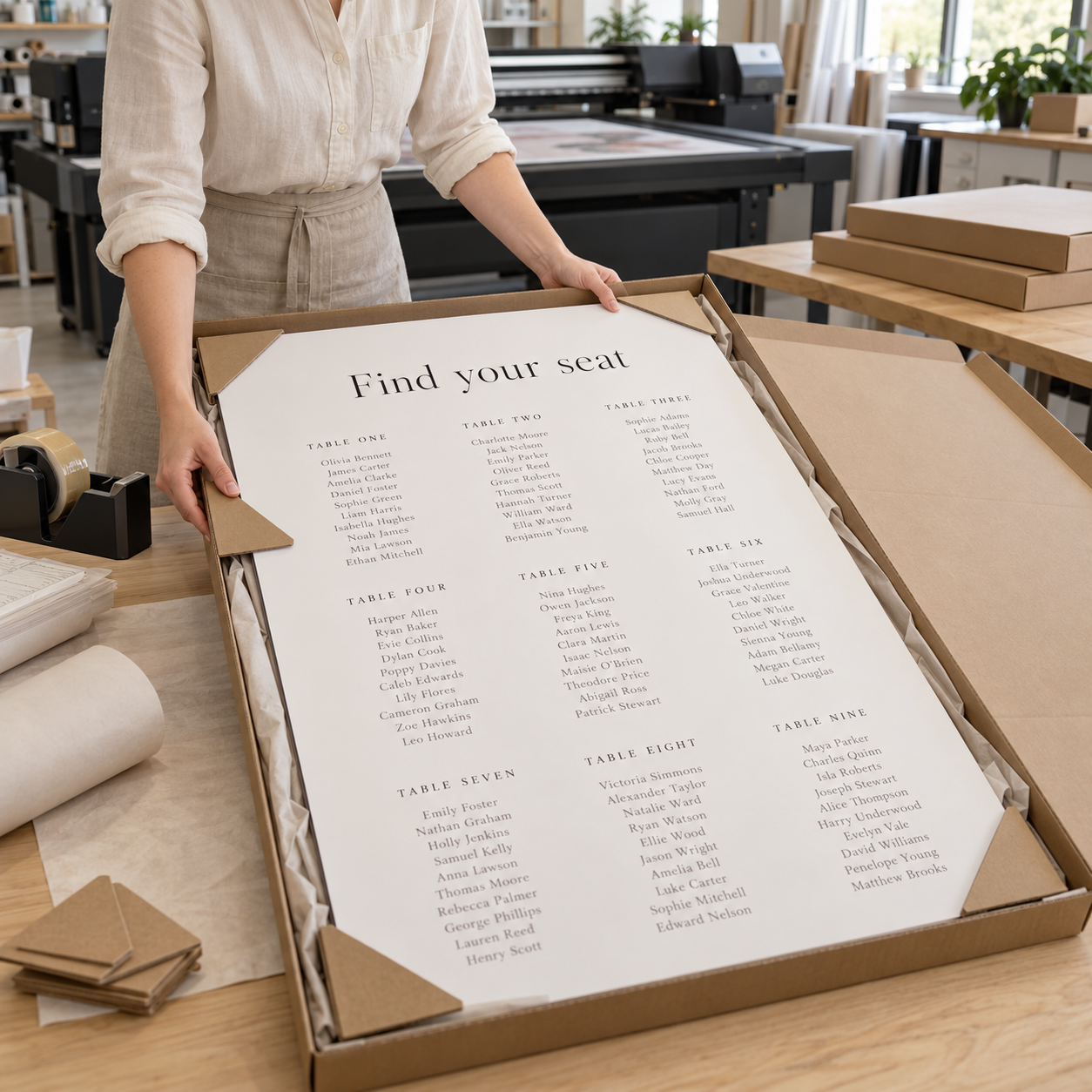 A person in a white shirt and beige skirt is holding a large printed seating chart inside a brown cardboard box on a wooden table in an office setting.