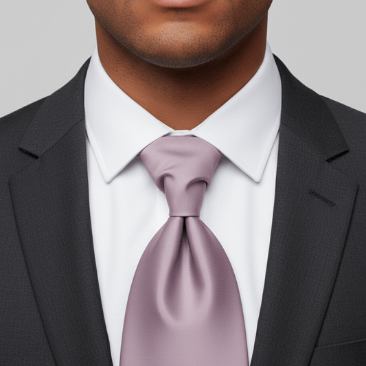 Man wearing a black suit with a white shirt and purple tie against a gray background