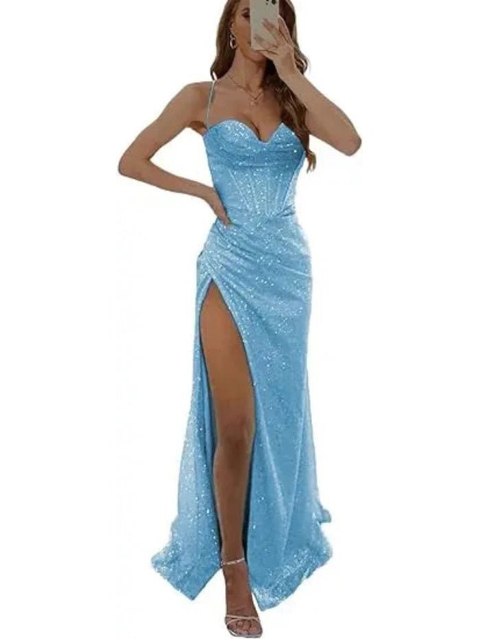 light blue sequined thigh slit prom dress with spaghetti straps