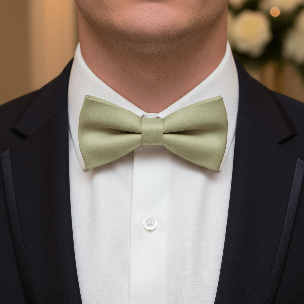 Man wearing a black tuxedo with a light green bow tie against a blurred background
