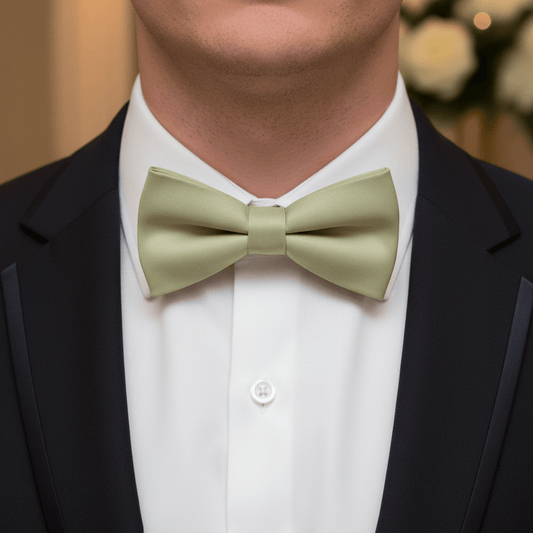 Man wearing a black tuxedo with a light green bow tie against a blurred background
