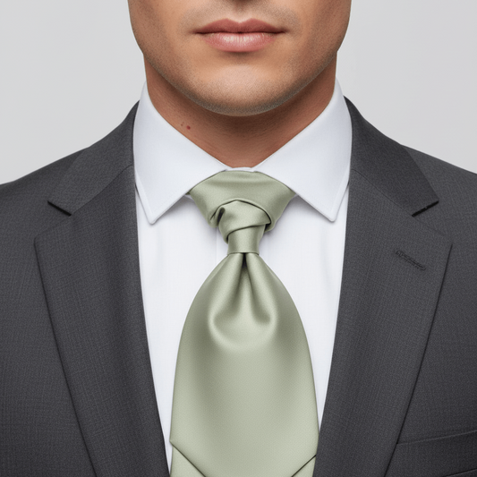Man wearing a gray suit with a white shirt and green tie on a light gray background