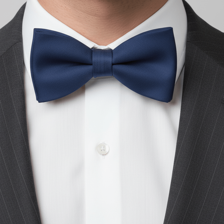 Navy blue bow tie worn with a black suit and white shirt on a gray background