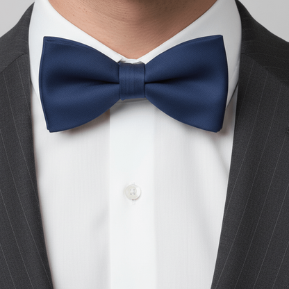 Navy blue bow tie worn with a black suit and white shirt on a gray background