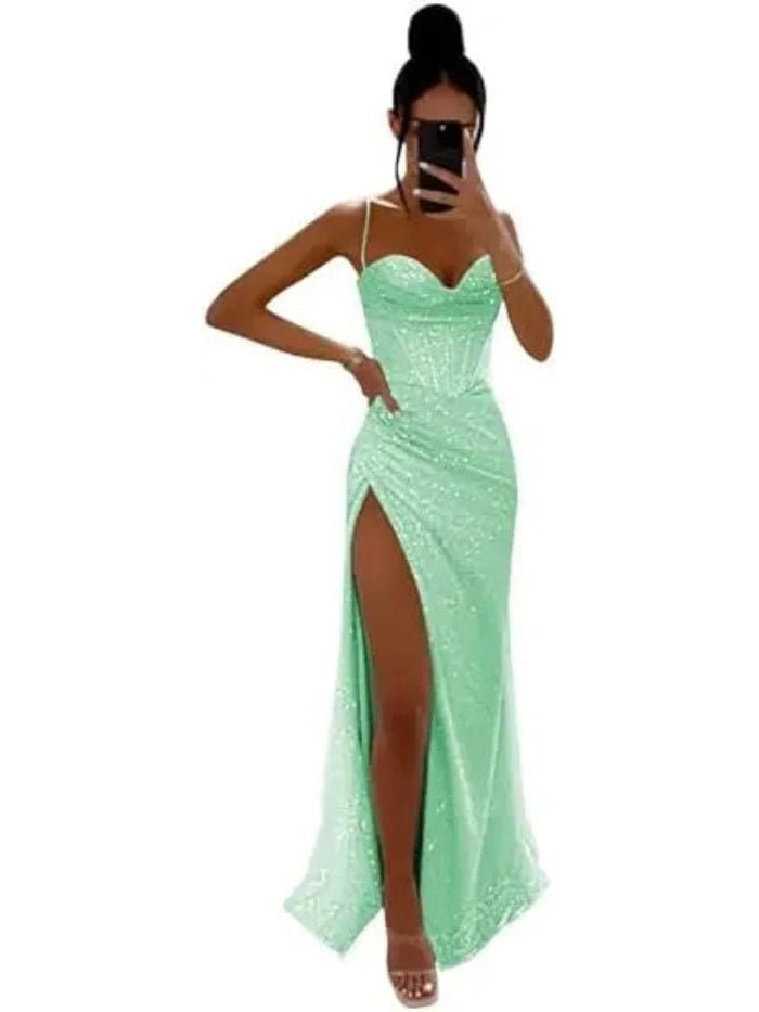 mint green sequined thigh slit prom dress with spaghetti straps